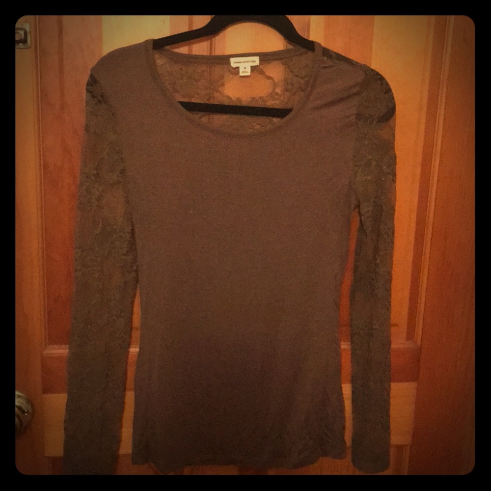 Brown Shirt w/ Lace Long Sleeve & Sheer Lace Back